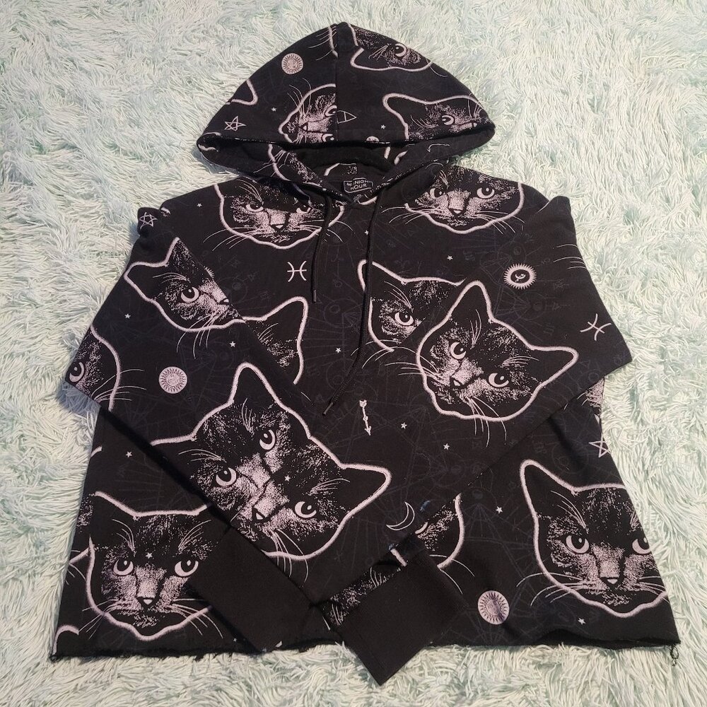Hot Topic Cat Print Sweatshirt Hoodie Long Sleeve Midnight Hour Black Size L